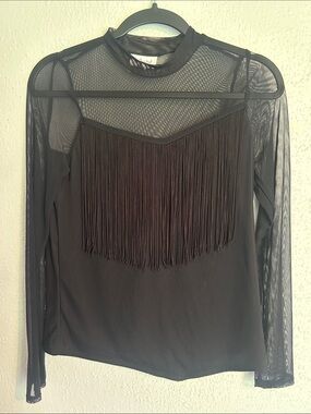 Women’s Black Fringe Mesh Sleeve Top